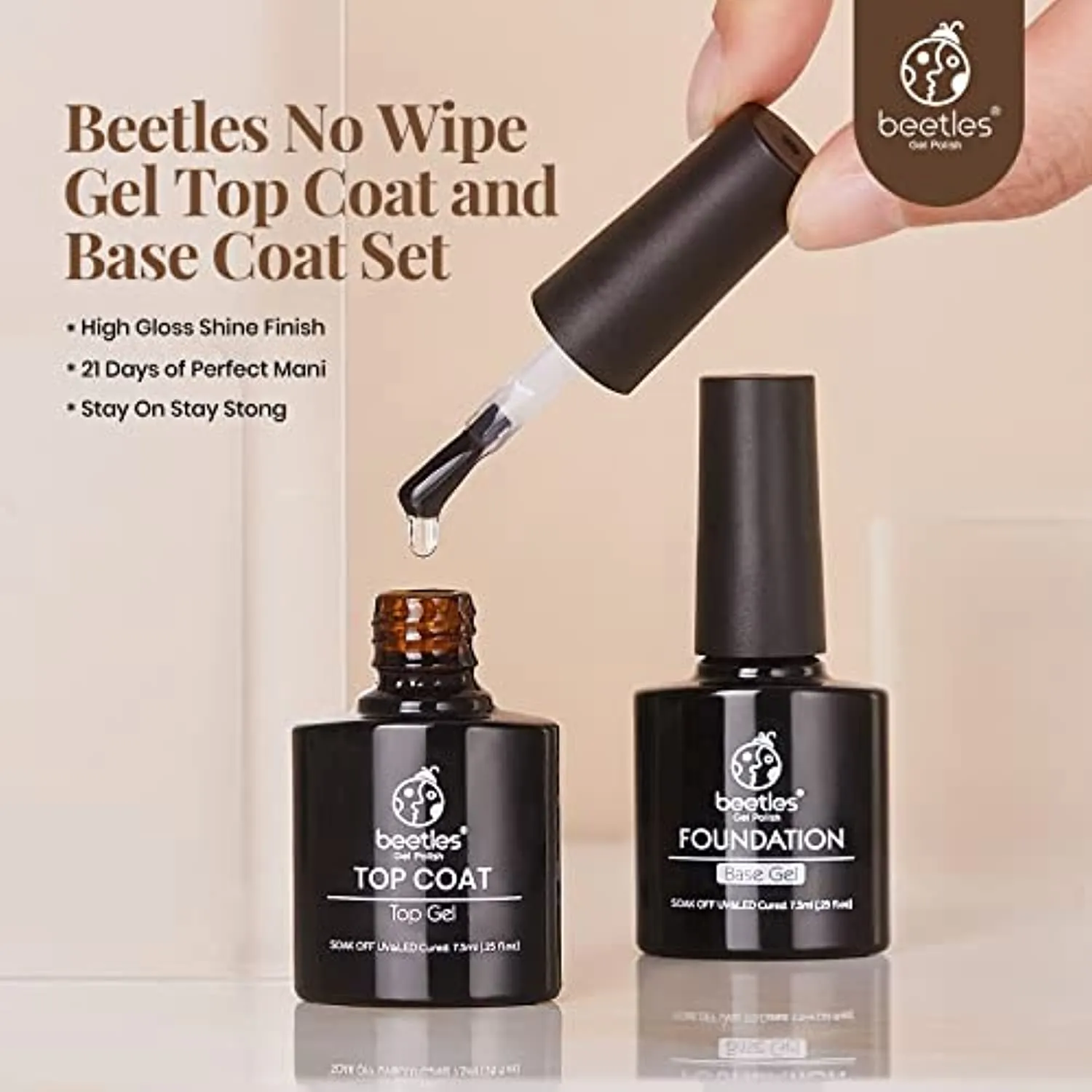 Beetles 2pcs 7.5ml No Wipe Gel Top Coat and Base Coat Set, Soak Off LED Clear Gel Base Top Gel Glossy Shine Finish Long Lasting Gel Polish Base and Top Coat Gel Lamp