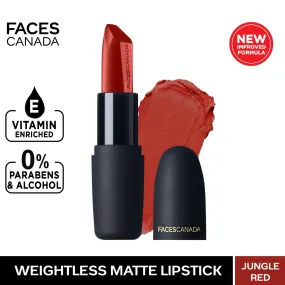 Faces Canada Weightless Matte Lipstick |Jojoba and Almond Oil enriched| Highly pigmented | Smooth One Stroke Weightless Color | Keeps Lips Moisturized | Shade - Jungle Red 4g