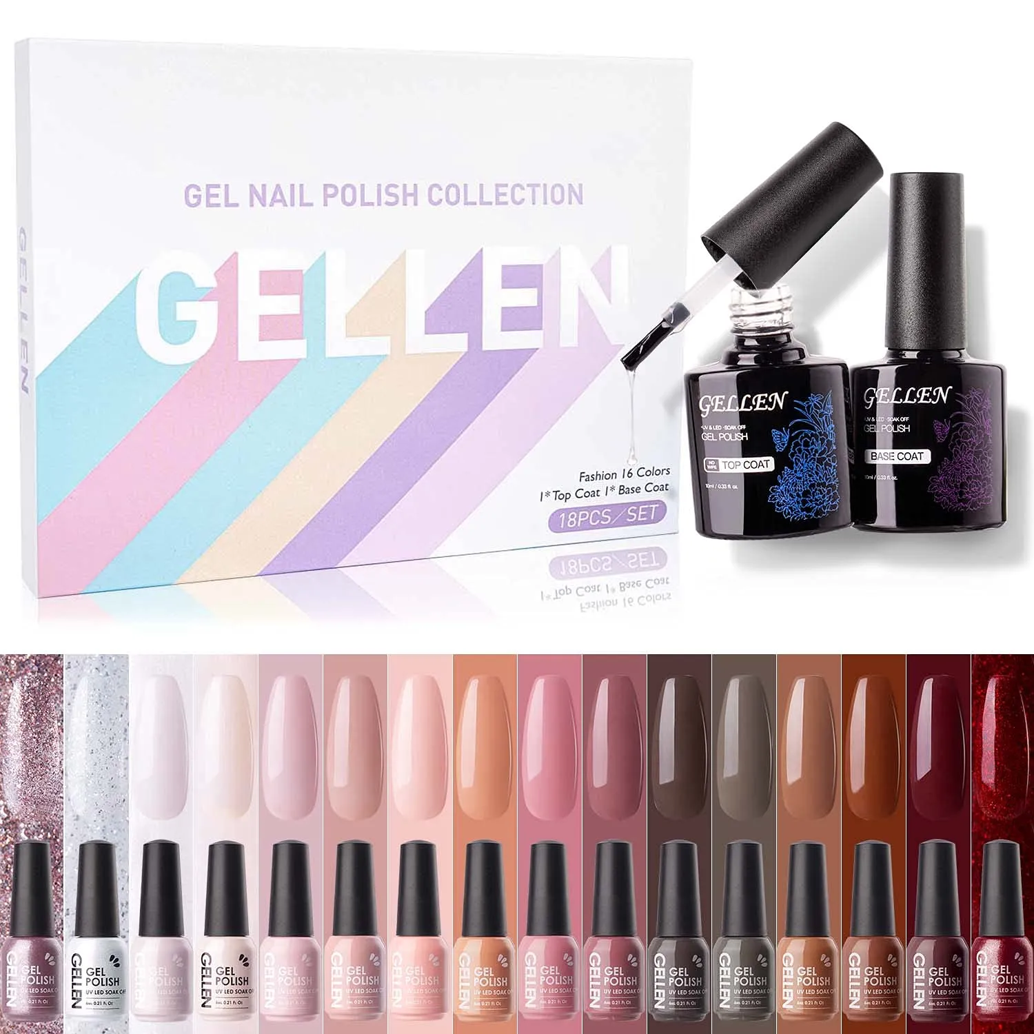 Gellen 16 Colors Gel Nail Polish Kit - With Top&Base Coats, Bright Candy Tones Colorful Vibrant Spring Summer Nail Art Gel Polish Colors Home/Salon Manicure Set