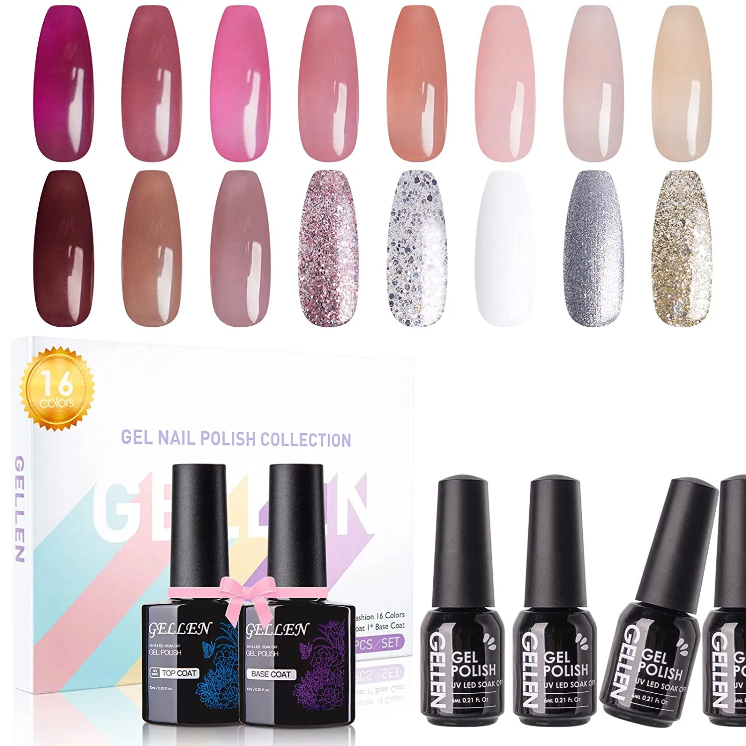 Gellen 16 Colors Gel Nail Polish Kit - With Top&Base Coats, Bright Candy Tones Colorful Vibrant Spring Summer Nail Art Gel Polish Colors Home/Salon Manicure Set