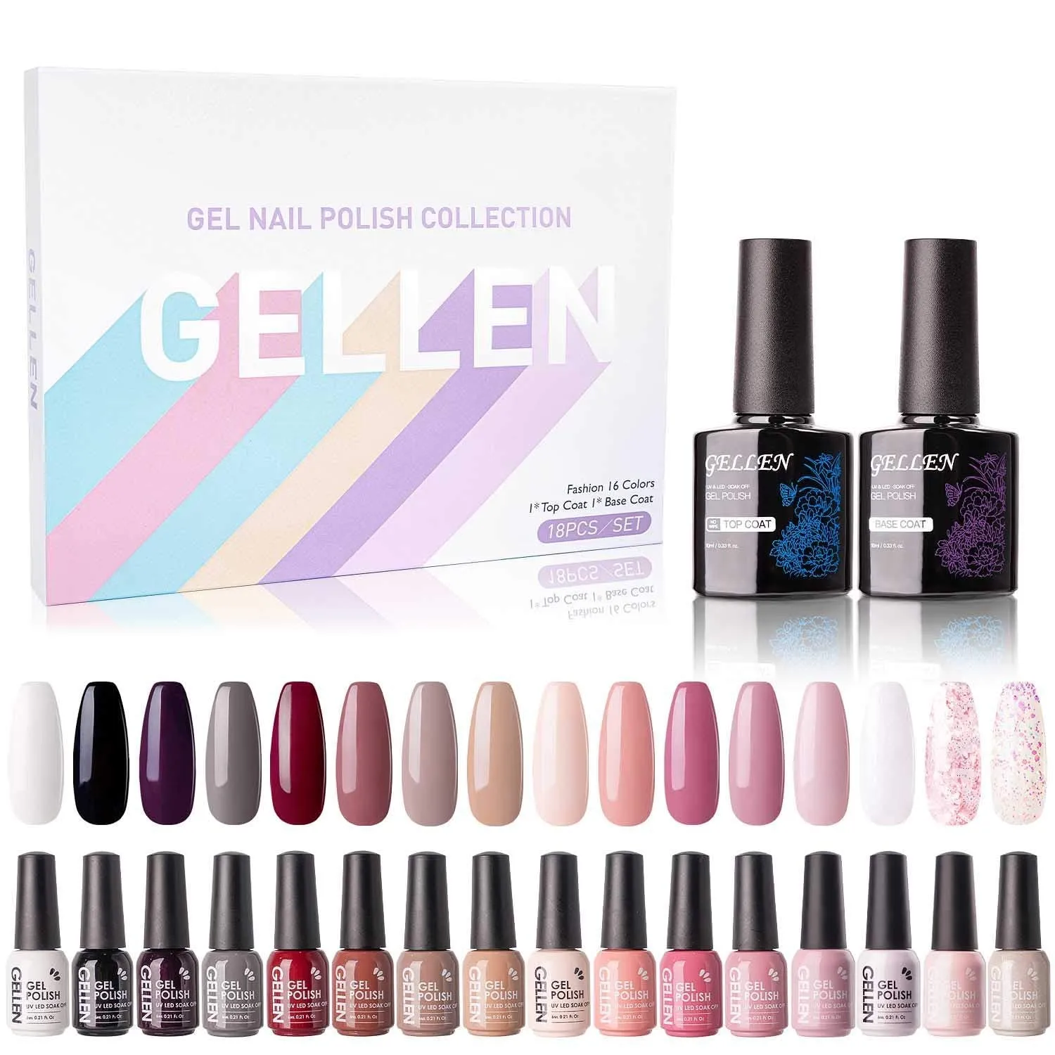 Gellen 16 Colors Gel Nail Polish Kit - With Top&Base Coats, Bright Candy Tones Colorful Vibrant Spring Summer Nail Art Gel Polish Colors Home/Salon Manicure Set