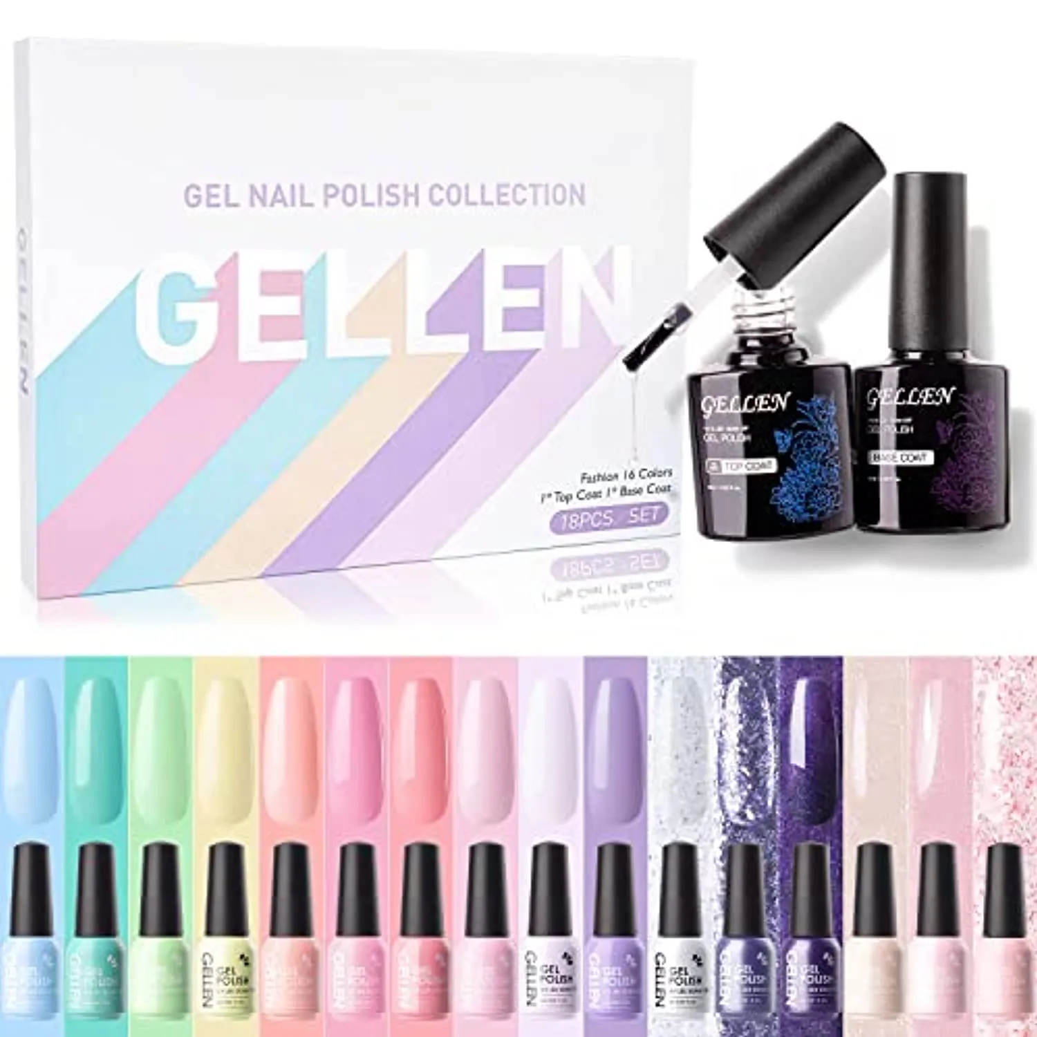 Gellen 16 Colors Gel Nail Polish Kit - With Top&Base Coats, Bright Candy Tones Colorful Vibrant Spring Summer Nail Art Gel Polish Colors Home/Salon Manicure Set
