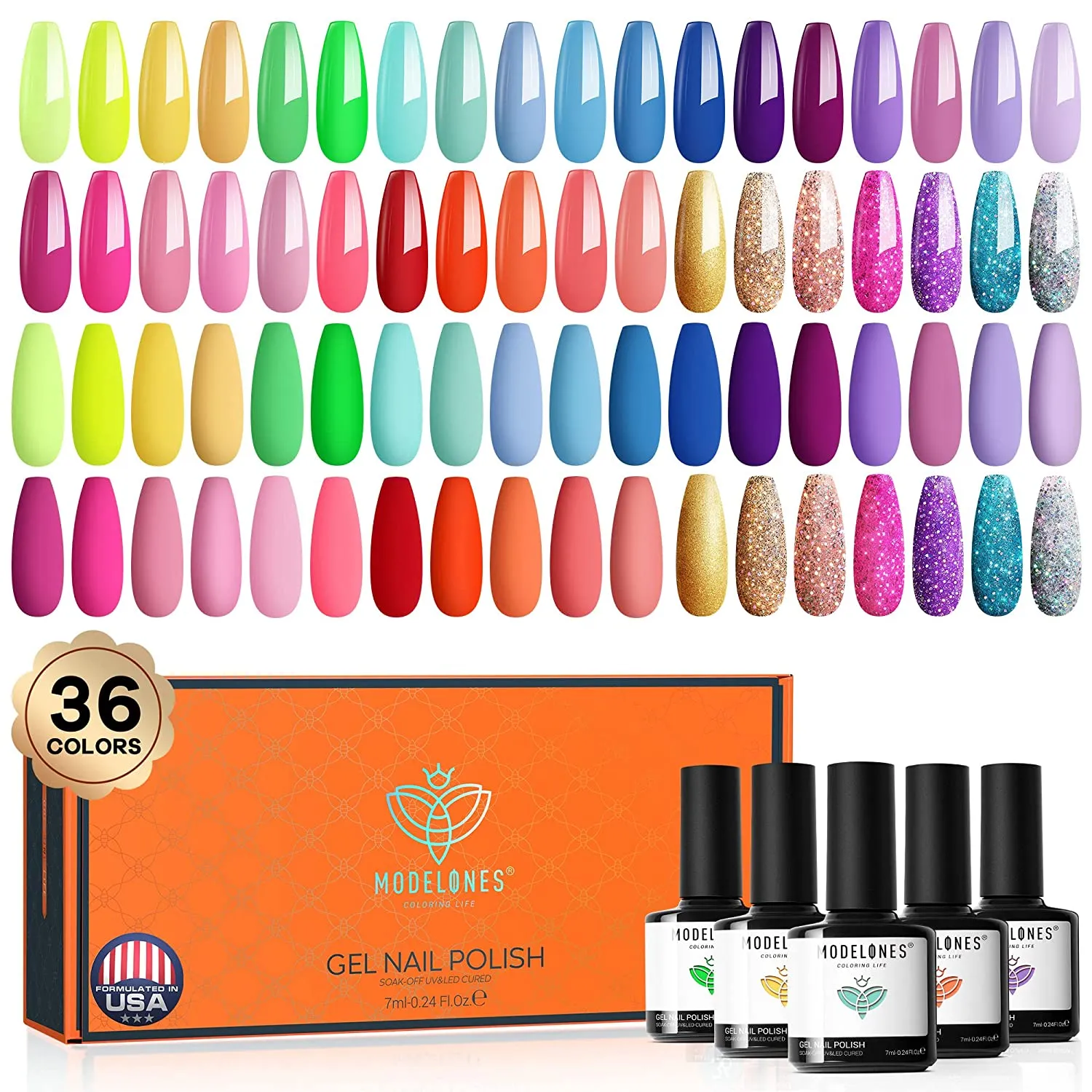 Modelones Gel Nail Polish Set, 36 Pastel Spring Summer Rainbow Colors 7ML Soft Pink Red Green Neon Gel Polish Glitter Soak Off LED Gel Nail Polish Kit Nail Art for Starter DIY Holiday Gift