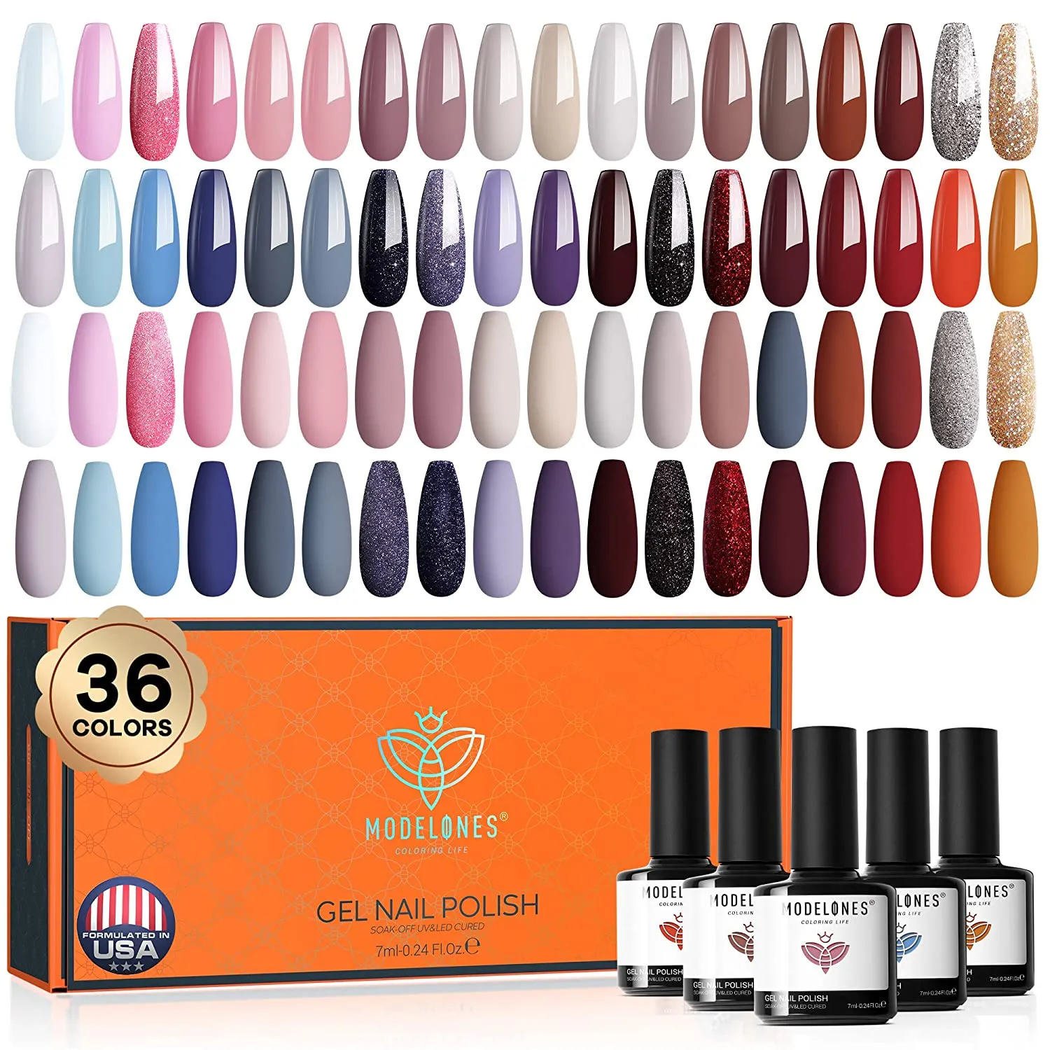 Modelones Gel Nail Polish Set, 36 Pastel Spring Summer Rainbow Colors 7ML Soft Pink Red Green Neon Gel Polish Glitter Soak Off LED Gel Nail Polish Kit Nail Art for Starter DIY Holiday Gift