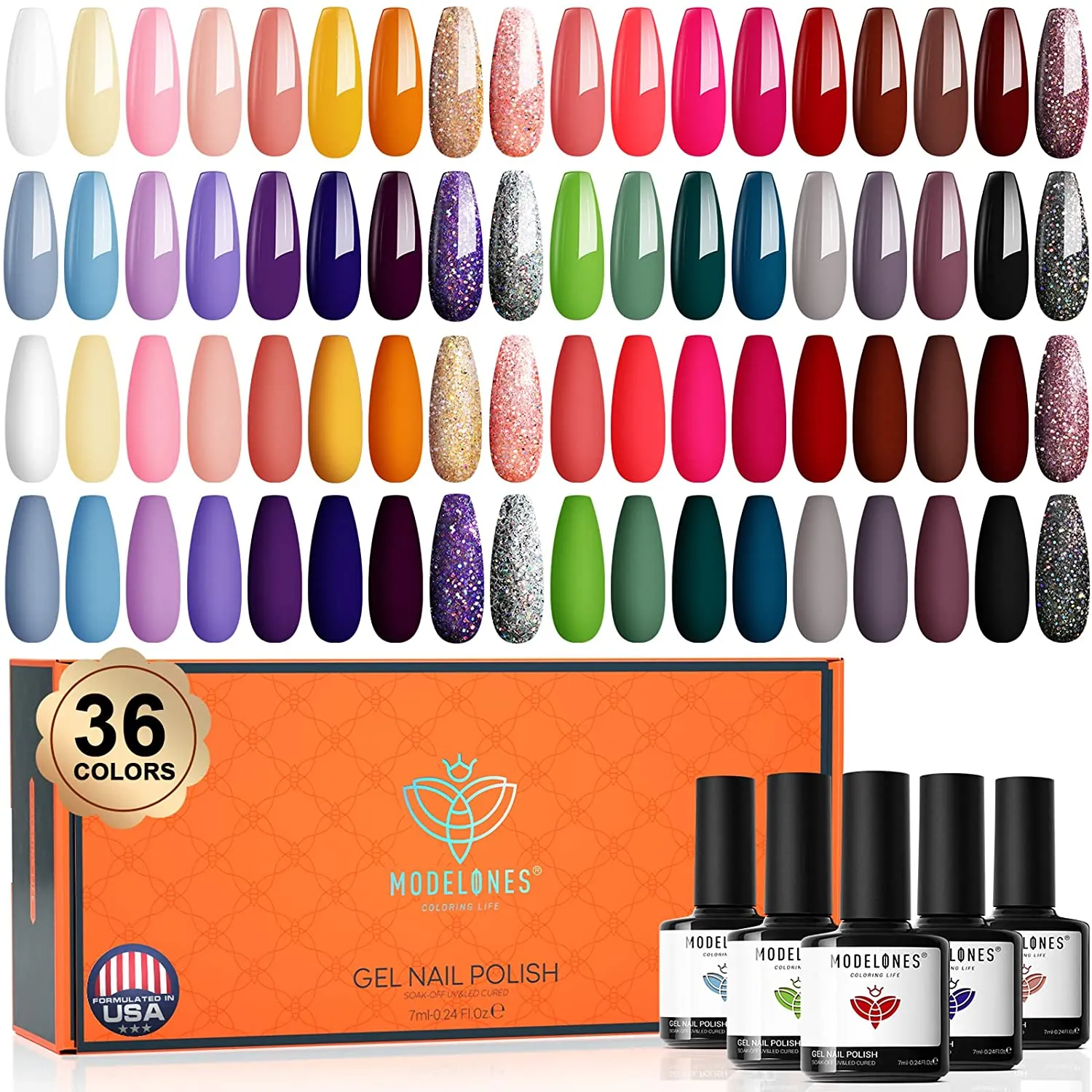 Modelones Gel Nail Polish Set, 36 Pastel Spring Summer Rainbow Colors 7ML Soft Pink Red Green Neon Gel Polish Glitter Soak Off LED Gel Nail Polish Kit Nail Art for Starter DIY Holiday Gift