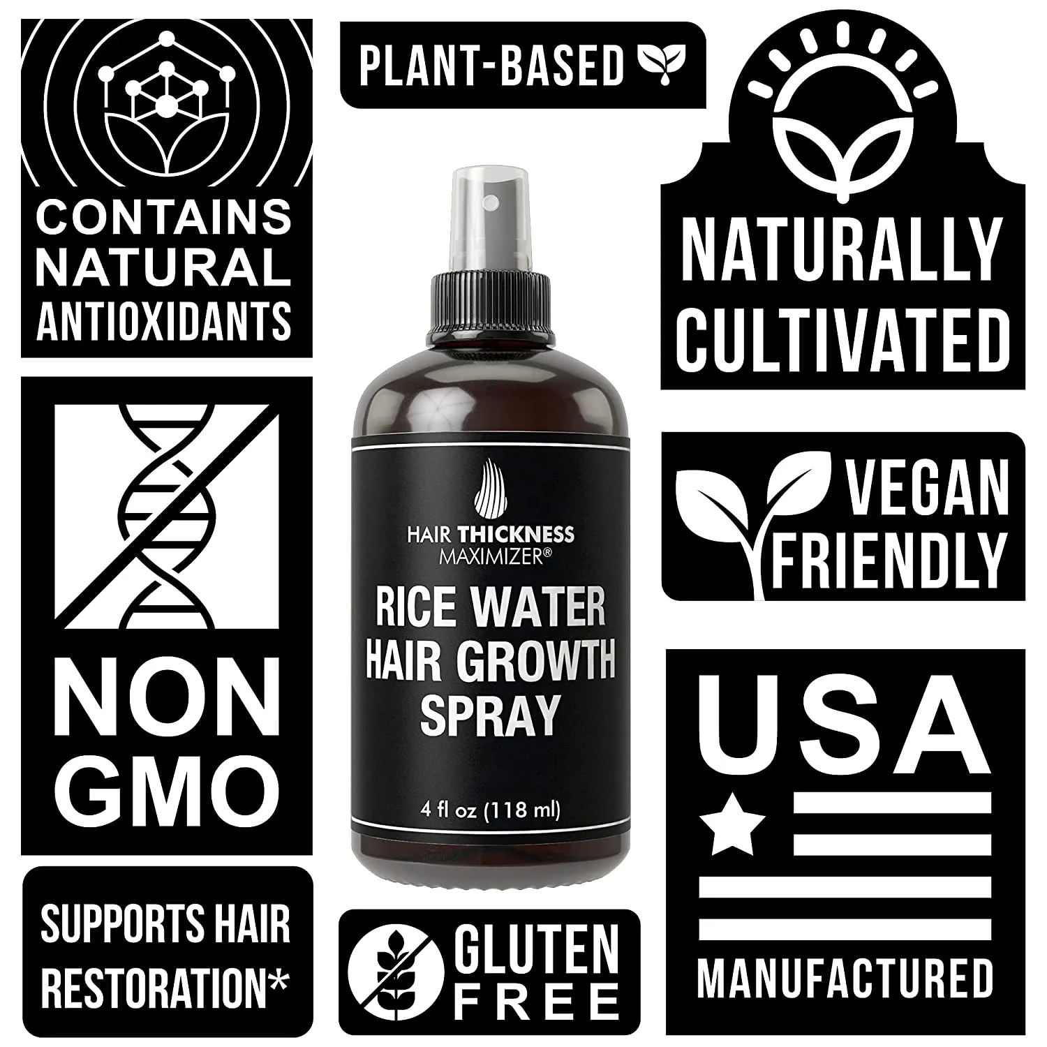 Rice Water Hair Growth Spray. Vegan Hair Thickening Moisturizing, Hydrating Volumizer Sprays for Men, Women with Vitamin B, C, Aloe Vera. Leave in Fermented Mist for Dry, Frizzy, Weak Hair. Unscented
