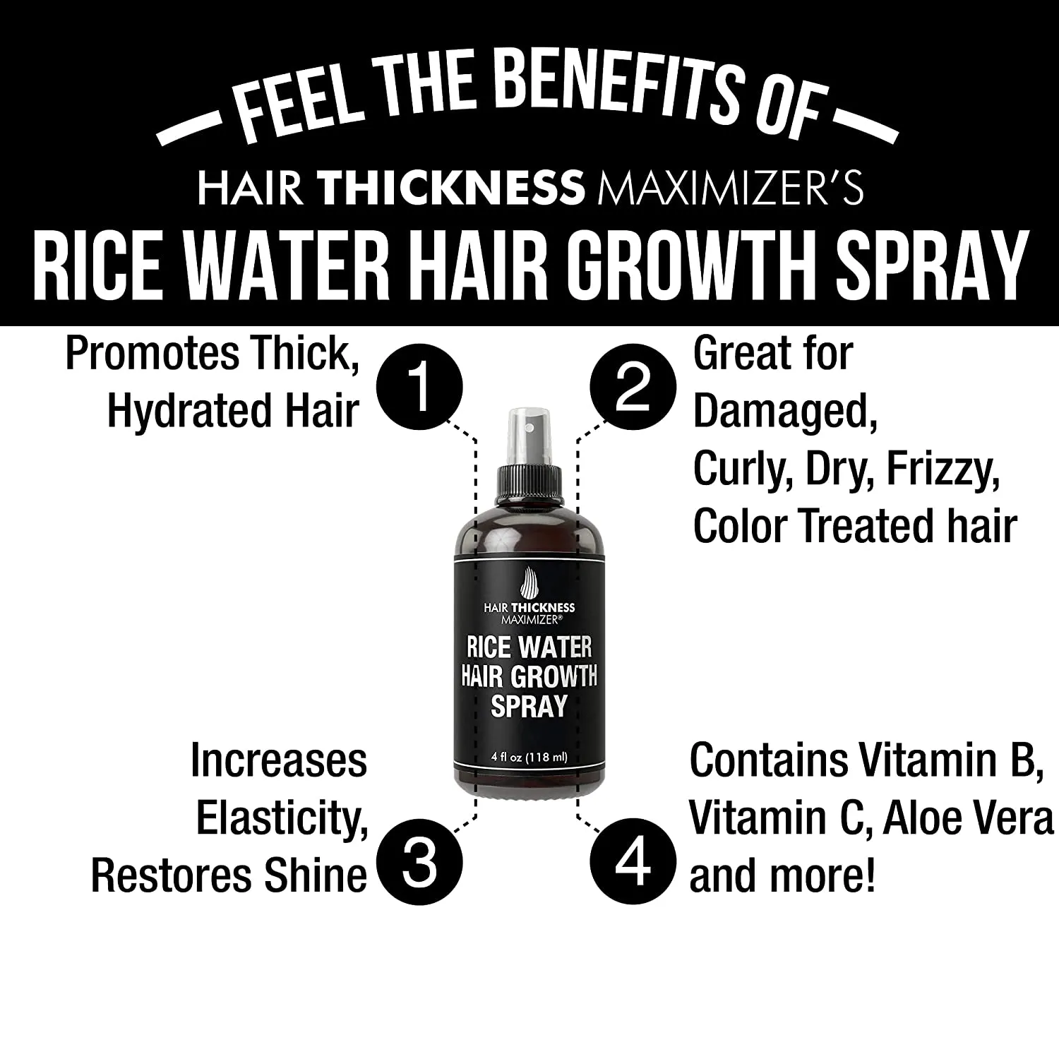 Rice Water Hair Growth Spray. Vegan Hair Thickening Moisturizing, Hydrating Volumizer Sprays for Men, Women with Vitamin B, C, Aloe Vera. Leave in Fermented Mist for Dry, Frizzy, Weak Hair. Unscented
